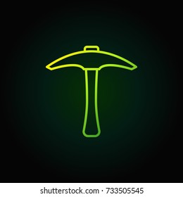 Pickaxe green outline icon. Vector pick axe concept linear sign or logo element on dark background