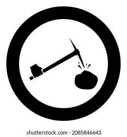 Pickaxe hit stone in hand icon in circle round black color vector illustration image solid outline style simple