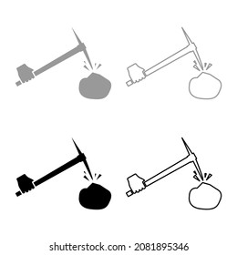 Pickaxe hit stone in hand set icon grey black color vector illustration image simple flat style solid fill outline contour line thin