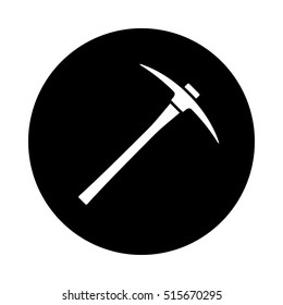 Pickaxe icon. Black icon isolated on white background. Round icon. Pick axe silhouette. Simple circle icon. Web site page and mobile app design vector element.