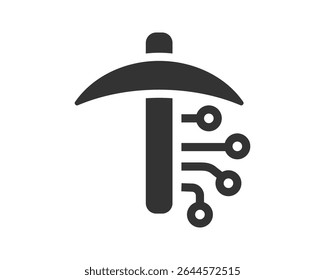 Ícone Pickaxe com placa de circuito, representando extração digital ou mineração criptomoeda. Perfeito para tecnologia, finanças, blockchain e temas de investimento. Design limpo e moderno.