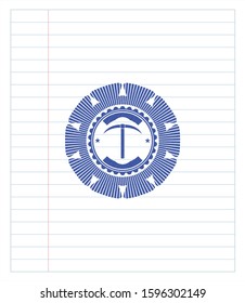 pickaxe icon emblem draw with pen effect. Blue ink. Vector Illustration. Detailed.