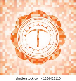 pickaxe icon inside abstract emblem, orange mosaic background