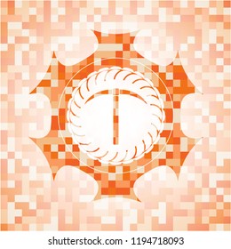 pickaxe icon inside abstract emblem, orange mosaic background