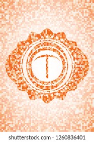 pickaxe icon inside abstract emblem, orange mosaic background