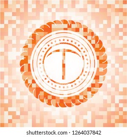 pickaxe icon inside abstract emblem, orange mosaic background