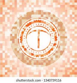 pickaxe icon inside abstract emblem, orange mosaic background