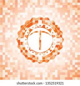 pickaxe icon inside abstract emblem, orange mosaic background