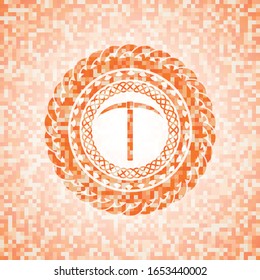 Pickaxsymbol innerhalb eines abstrakten Emblems, orangefarbener Mosaikhintergrund