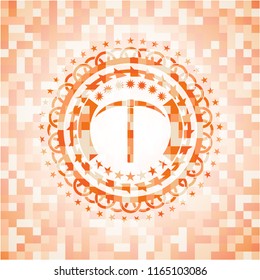 pickaxe icon inside abstract orange mosaic emblem with background