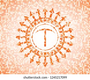 pickaxe icon inside abstract orange mosaic emblem