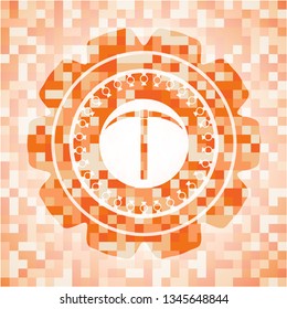 pickaxe icon inside abstract orange mosaic emblem