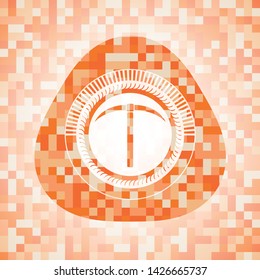 pickaxe icon inside abstract orange mosaic emblem with background