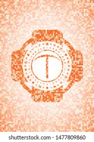 pickaxe icon inside abstract orange mosaic emblem