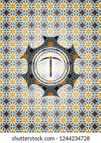 pickaxe icon inside arabesque badge background. arabic decoration.