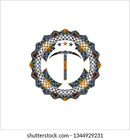 pickaxe icon inside arabesque badge background. arabic decoration.