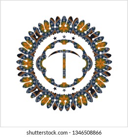 pickaxe icon inside arabesque badge. arabic decoration.