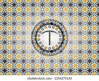 pickaxe icon inside arabesque style emblem. arabic decoration.