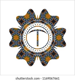 pickaxe icon inside arabic badge. Arabesque decoration.