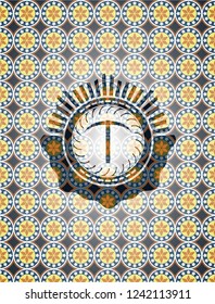 pickaxe icon inside arabic badge. Arabesque decoration.