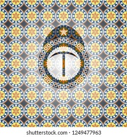 pickaxe icon inside arabic badge. Arabesque decoration.