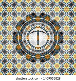 pickaxe icon inside arabic badge background. Arabesque decoration.