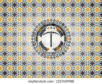 pickaxe icon inside arabic emblem. Arabesque decoration.