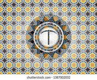 pickaxe icon inside arabic emblem background. Arabesque decoration.