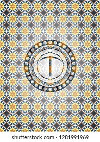 pickaxe icon inside arabic style badge. Arabesque decoration.