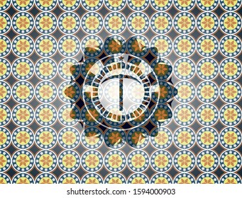 pickaxe icon inside arabic style badge. Arabesque decoration.