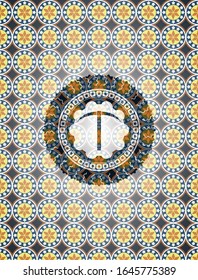 pickaxe icon inside arabic style badge. Arabesque decoration.