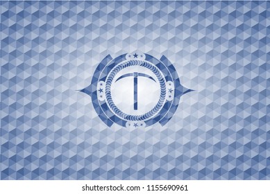 pickaxe icon inside blue badge with geometric background.