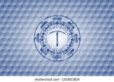 pickaxe icon inside blue badge with geometric background.