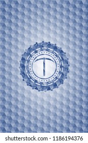 pickaxe icon inside blue emblem or badge with abstract geometric pattern background.