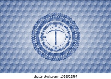 pickaxe icon inside blue emblem with geometric pattern.