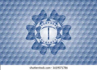 pickaxe icon inside blue emblem or badge with abstract geometric pattern background.
