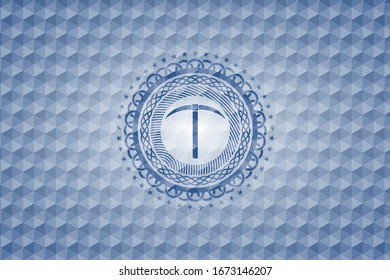 pickaxe icon inside blue hexagon badge.