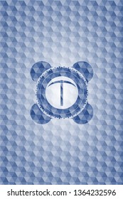 pickaxe icon inside blue polygonal emblem.