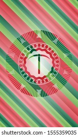pickaxe icon inside christmas colors style badge.