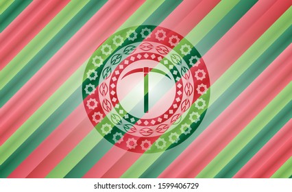 pickaxe icon inside christmas emblem background.