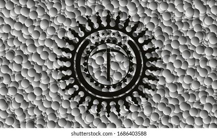 pickaxe icon inside dark emblem with grey bubbles background. Retro. Vector Illustration. Detailed.