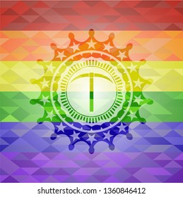 pickaxe icon inside emblem on mosaic background with the colors of the LGBT flag