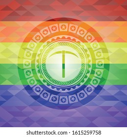 pickaxe icon inside emblem on mosaic background with the colors of the LGBT flag