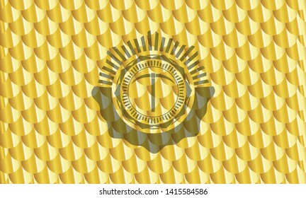 pickaxe icon inside gold badge. Scales pattern. Vector Illustration. Detailed.
