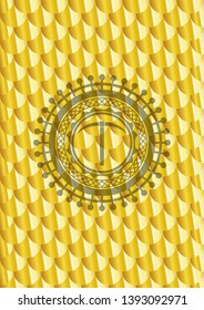 pickaxe icon inside gold emblem or badge. Scales pattern. Vector Illustration. Detailed.