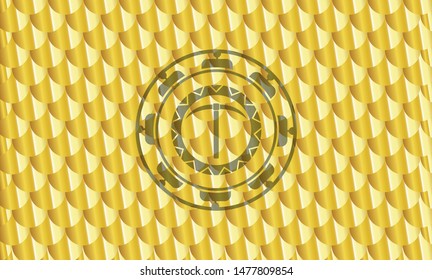 pickaxe icon inside gold emblem or badge. Scales pattern. Vector Illustration. Detailed.