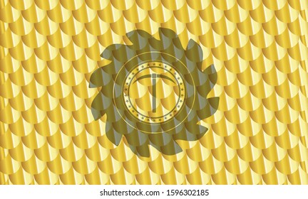 pickaxe icon inside golden badge or emblem. Scales pattern. Vector Illustration. Detailed.