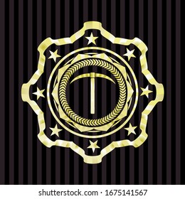 pickaxe icon inside golden badge or emblem