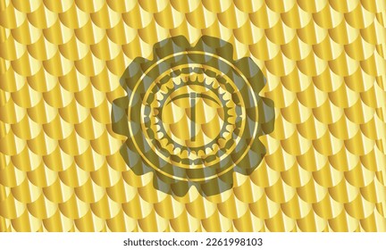 icono de pickaxe dentro de la insignia dorada. Patrón de escalas. Ilustración vectorial. Detallado. 