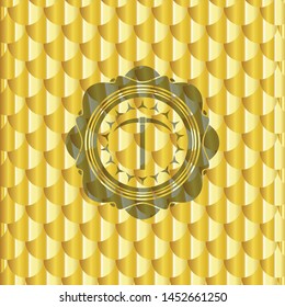 pickaxe icon inside golden emblem. Scales pattern. Vector Illustration. Detailed.